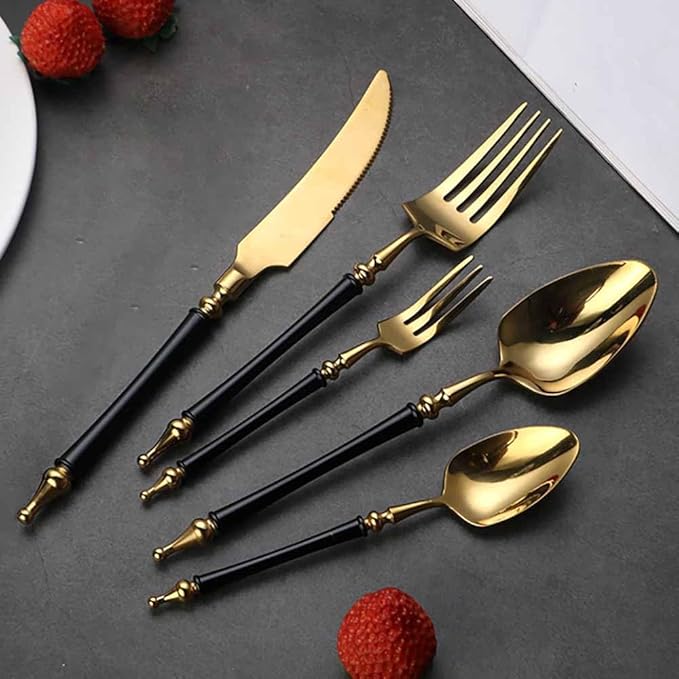 Black and Gold Silverware Set for 6 Modern 30 Piece Flatware Cutlery Elegant Utensils Sets Durable 18/10 Stainless Steel Tableware Set for Home Kitchen Wedding Mirror Polished