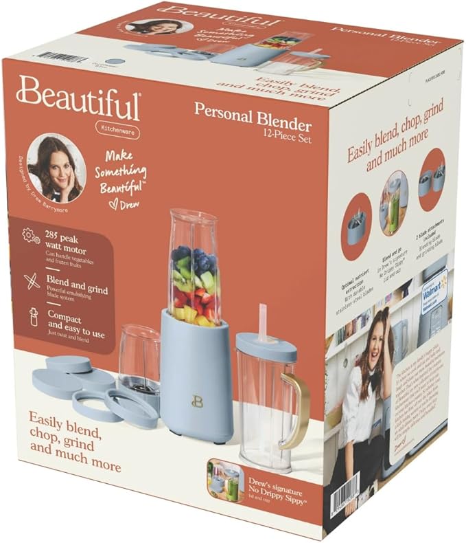 Personal Blender 12-Piece Set 240W Motor Emulsifying Stainless Steel Blade System 16oz Travel Cup with Straw BPA-Free Dishwasher Safe Jars (Cornflower Blue)