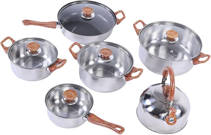 GLOGLOW Stainless Steel Cookware Set Large Capacity Induction Pots and Pans Includes Kettle Frying Pan for Cooking