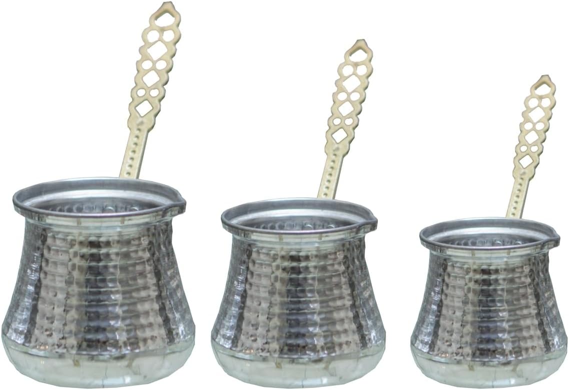 Coffee Pot Set Aluminum 3-Piece Traditional Turkish Coffee Maker Set Silver Finish for Authentic Brewing Experience One Size - Aluminum One Size