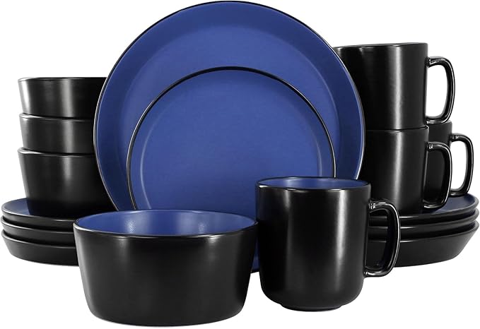 16 Piece Stoneware Dinnerware Set – Two-Tone Plates Bowls &amp Mugs for 4 Modern Matte Finish Microwave &amp Dishwasher Safe (Black/Blue)