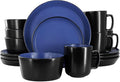 16 Piece Stoneware Dinnerware Set – Two-Tone Plates Bowls &amp Mugs for 4 Modern Matte Finish Microwave &amp Dishwasher Safe (Black/Blue)