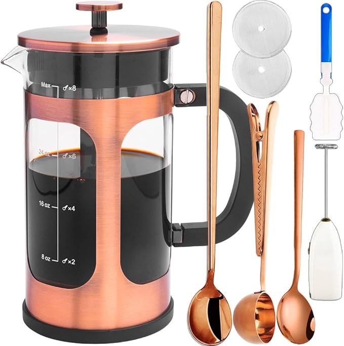French Press Coffee Maker 8 cups 34 oz 304 Stainless Steel Coffee Press with 4 Filter Screens Easy Clean Heat Resistant Borosilicate Glass - Free 100% BPA