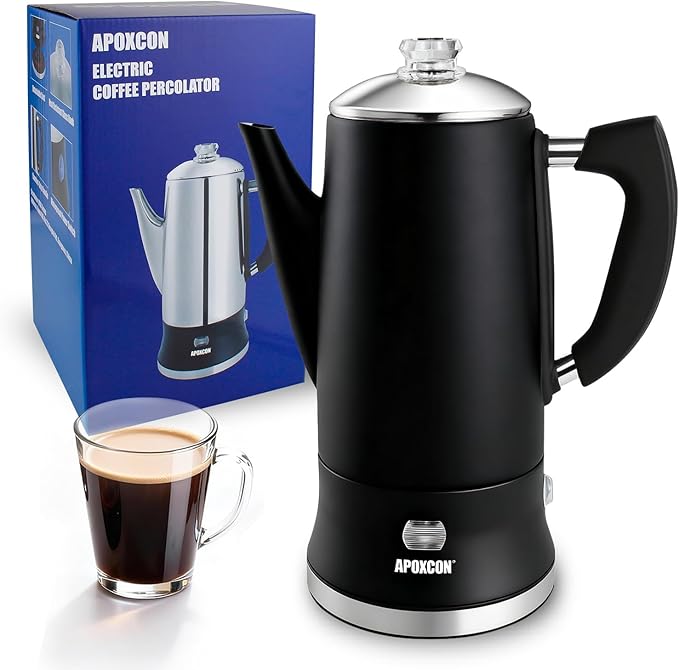 Electric Coffee Percolator Stainless Steel Coffee Maker with Clear Brew Progress Tough Glass Knob Keep Warm On/OFF Switch Cordless Serve Classic Coffee Pot No Aluminum Black 12 Cup