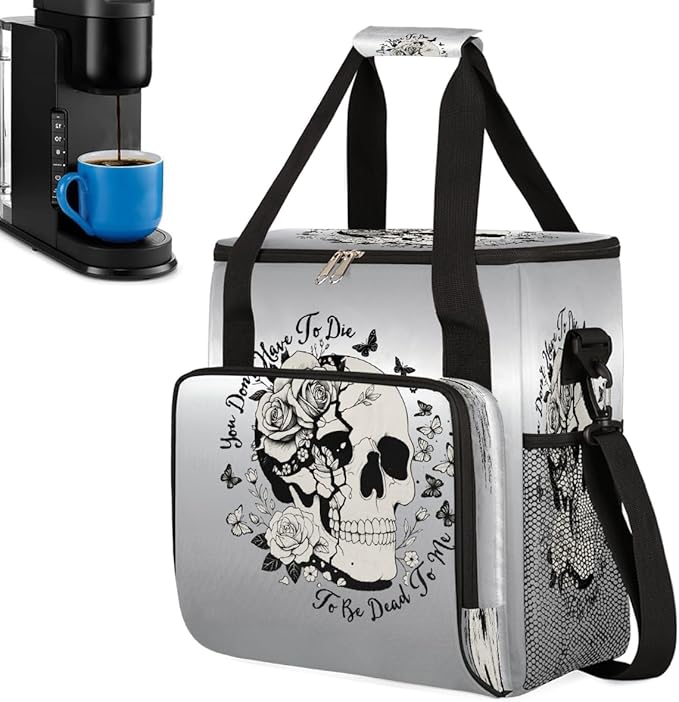 Halloween Skull Flower Butterfly Coffee Maker Carring Bag Travel Carrying Storage Tote Bag Compatible with Keurig K-Mini or K-Mini Plus Portable Single Serve Coffee Brewer Case with Pockets