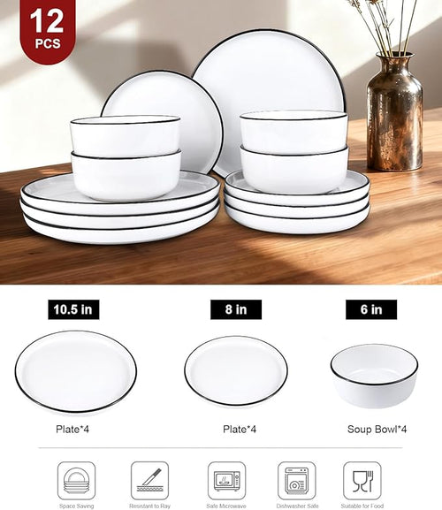 12 Pieces Ceramic Dinnerware setPlates and Bowls Sets for 4White Dinnerware Set for Kitchen Modern Design Plate Sets with Black Rim Microwave and Dishwasher Safe
