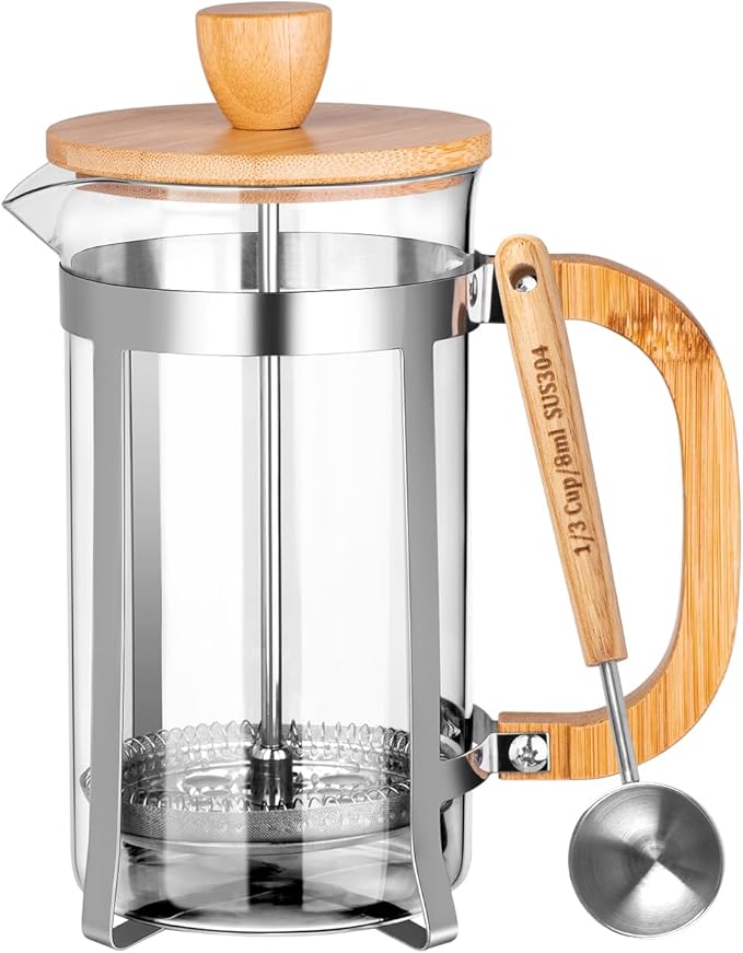 MERMOO YILAN French Press Coffee Maker &amp Tea Press 20oz Borosilicate Glass Carafe Plastic-Free Small Coffee Maker for Loose Leaf Tea Cold Brew &amp Milk Frothing Includes Measuring Spoon
