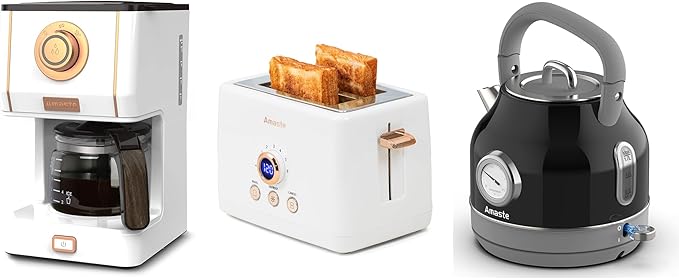 Amaste White Coffee Maker &amp White Toaster &amp Black Retro Electric Kettle Set