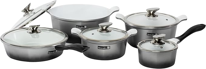 Hercules by Mundial 10-Piece Nonstick Ceramic Cookware Set – Non-Toxic Pots &amp Pans Induction Compatible Tempered Glass Lids Dishwasher Safe