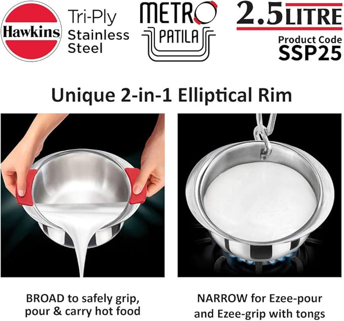 HAWKINS Tri-Ply Stainless Steel Induction Compatible Metro Patila 2.5 Litre (SSP25) Silver