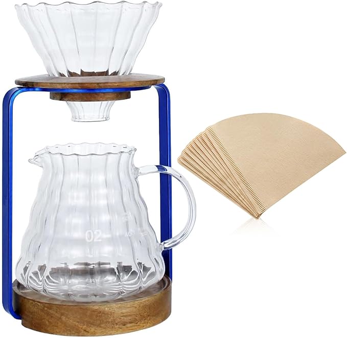 SOTECH Pour Over Coffee Dripper Stand with Metal Stand Wooden Filter Holder Glass Server with Paper Coffee Filters Coffee Maker Stand Set for Coffee Tea and Saffron