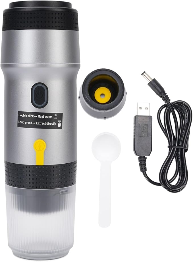 Portable Coffee Maker Automatic Capsule Coffee Machine with 304 Stainless Steel Construction Operating 75W 12V Power System and Compact Design for Outdoor Travel (Silver)