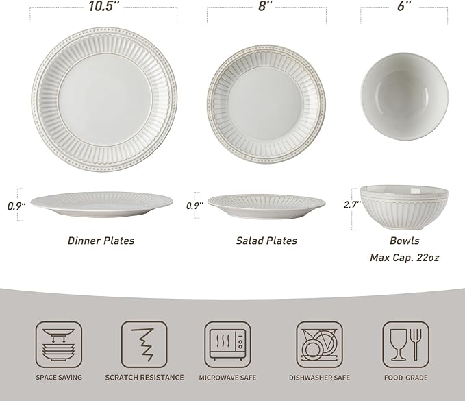 Famiware Plates and Bowls Sets + 3 Pcs Rectangular Serving Platter 15-Piece Dinnerware Sets for 4 White