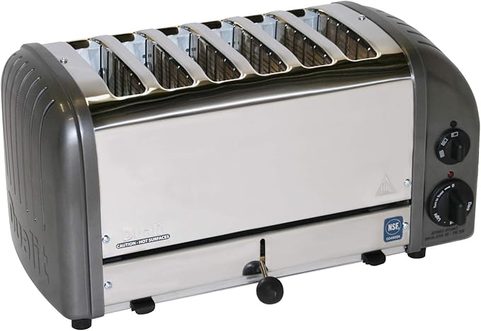 Cadco CTW-6M Stainless Steel Buffet Toaster 17 Wide 6 Slot Metallic Grey Aluminum End Panels Commercial Pop-Up Toaster for Restaurant Hotel Food Truck 220V 2480W NSF Certified
