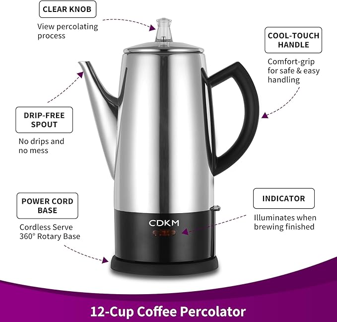 Classic 12 Cup Percolator PC-9822 Stainless Steel with keep warmcordless service (Mirror Polished)