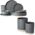 Famiware Milkyway Plates and Bowls Set of 12 and Kitchen Utensil Holder for Countertop Set of 2 14 Pieces Dinnerware Sets Dark Gray