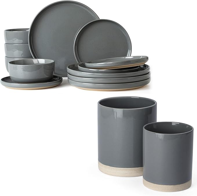 Famiware Milkyway Plates and Bowls Set of 12 and Kitchen Utensil Holder for Countertop Set of 2 14 Pieces Dinnerware Sets Dark Gray