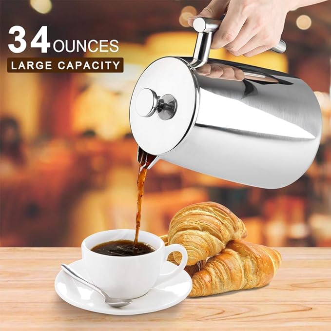 Secura French Press Coffee Maker 34-Ounce 304 Stainless Steel Insulated Coffee Press with Extra Screen