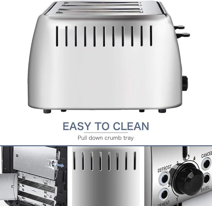 Toaster 4 Slice Stainless Steel Bagel Toaster Extra Wide Slots with 6 Browning Setting Bagel/Reheat/Defrost/Cancel Function for Toasting Bread Bagels and Waffles 1500W Silver