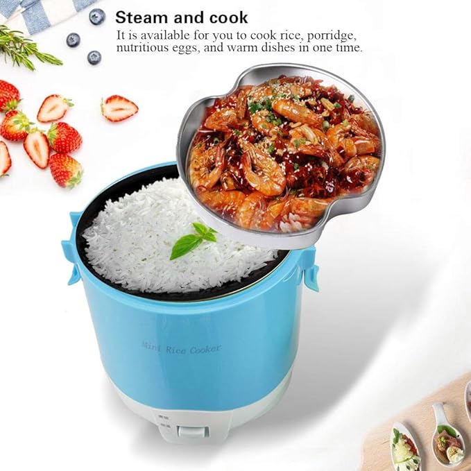 Mini Rice Cooker1.6L Portable Travel Single Small Rice Cooker with Keep Warm Function Anti Burning Non-Stick Coating Steamer for Grains White Rice Oatmeal Veggies(Blue)