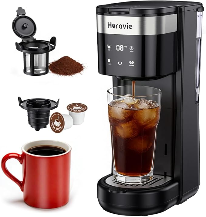 All-in-1 Single Serve Coffee Maker Fit 7.8 Travel Mug Hot &amp Iced K Cup Coffee Machine with 5 Brew Sizes One Cup Coffee Maker with Descaling and Low Water Alert 30oz Removable Reservoir Black