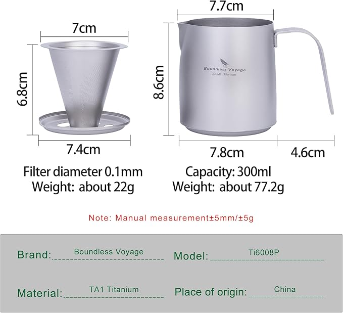 Boundless Voyage Titanium Pour-over Coffee Maker Set Coffee Mug with Reusable Detachable Dripper Manual Reusable Cone Filter for 1-2 Cups 6008P