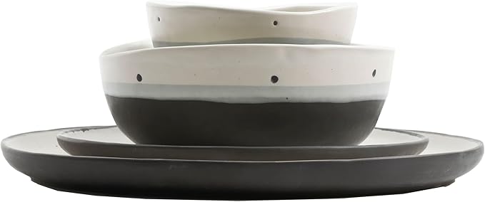 16-Piece Double Bowl Dinnerware Set White Solid Casual Round Stoneware 16 Piece Microwave Safe