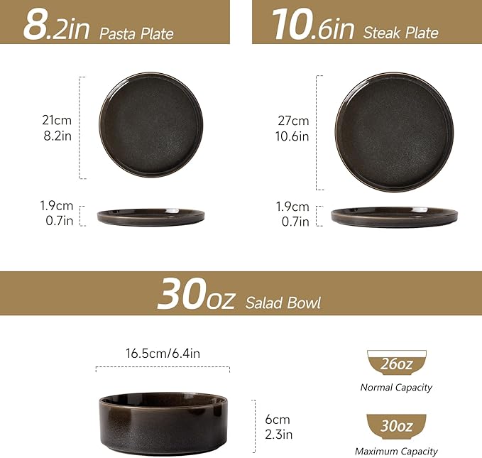 Dinnerware Sets for 4 ceramics Plates and Bowls Set 12-Piece Modern Stoneware Dinnerware – Chip Resistant Non-Toxic Dishwasher and Microwave Safe Tableware Black