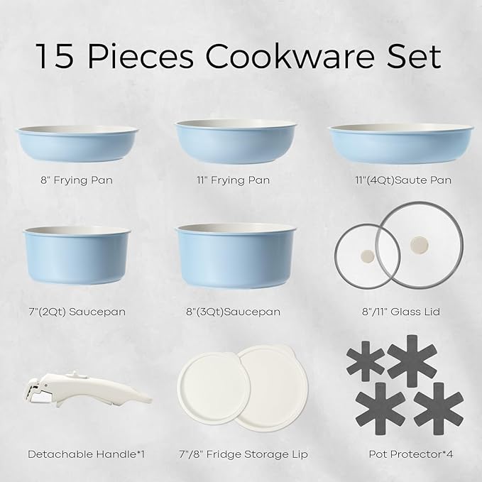 15Pcs Pots and Pans Set Non Stick Cookware Sets with Detachable Handle Nonstick RV Kitchen Cooking Tools Removable Handles Oven Safe Induction Fast Stackable Induction Cookware Blue