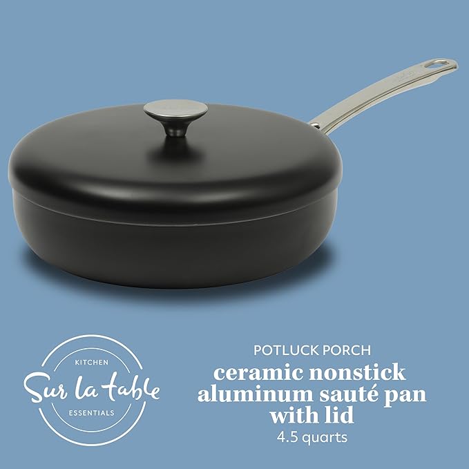 Sur La Table Kitchen Essentials Potluck Porch 4.5 Quart Sauté Pan Deep Frying Pan Skillet w/Lid Aluminum PFA Free Ceramic Cookware Chef's Pan Omelet Pan - Induction - Black