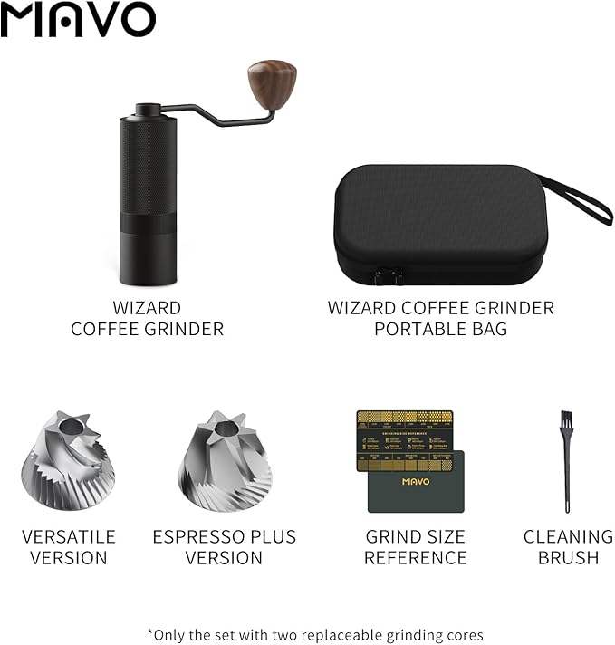 MAVO Manual Coffee Grinder Wizard Hand Coffee Grinder Capacity 25g with 2PCS CNC Stainless Steel Conical Burr -Pentagon and Hexagonal Burr Coffee Bean Grinder for French Press Pour Over Black