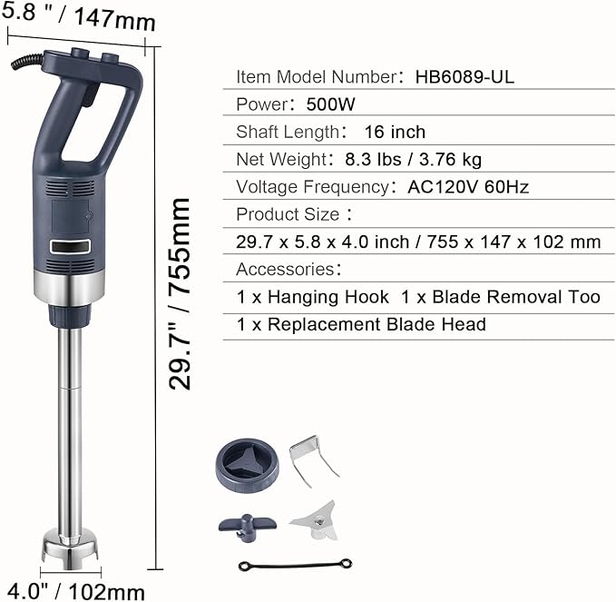 Happybuy 500W Commercial Immersion Blender: A 16-inch Hand Mixer with Stepless Variable Speed Stainless Steel Blade Ideal for Soups Sauces Mashed Potatoes and Cream
