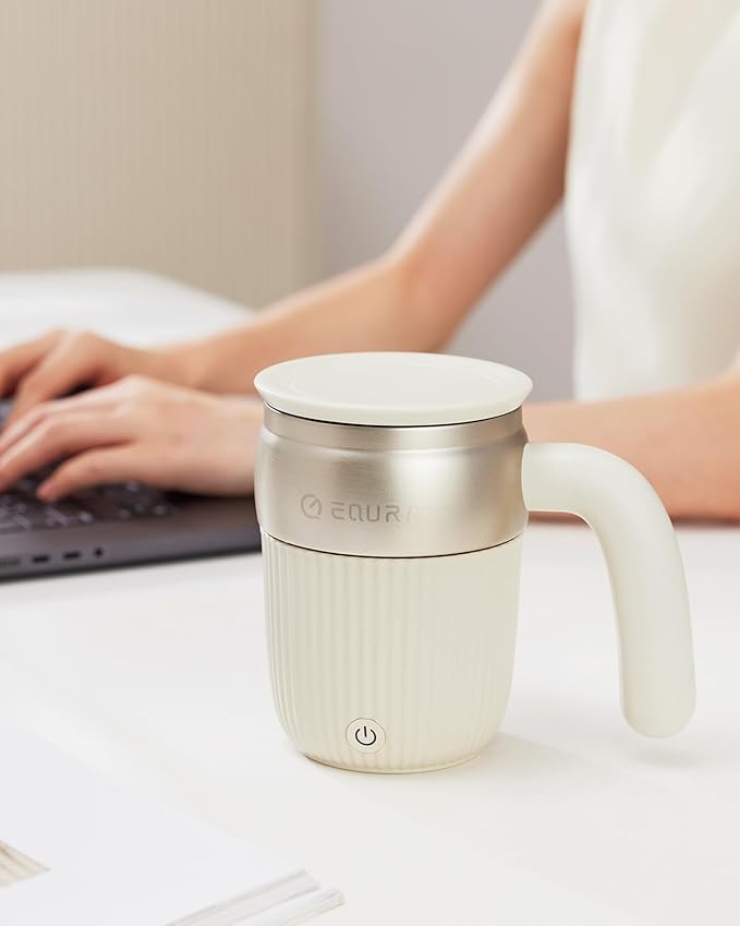 EQURA Automatic Self Stirring Coffee Mug Rechargeable Megnetic Auto Mixer Cup 15oz for Coffee/Milk/Tea/Cocoa for Home/Travel/Office Gifts for Birthday/Christmas (White)