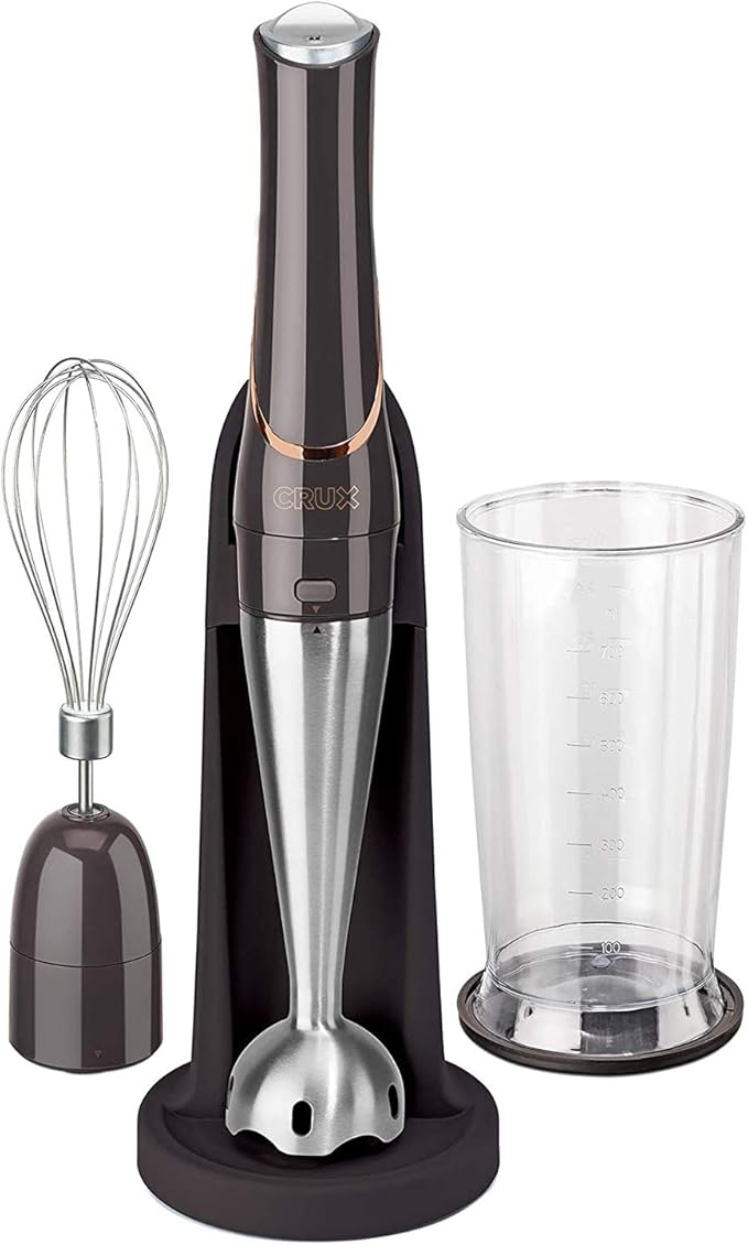 Crux Cordless Hand Immersion Blender 7.5 inch Blending Arm Mix Whip Puree Sauces/Soups Rechargeable Easy to Clean Dishwasher Safe Removeable Parts Stainless Steel/Black 14790