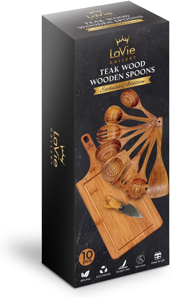 Teak Wooden Cooking Spoons Set -10-Piece Nonstick Cookware - Handmade Wooden Teak-Bamboo Charcuterie Board With Knife - Wooden Kitchen Utensils Ideal Gift Set For WeedingBirthday