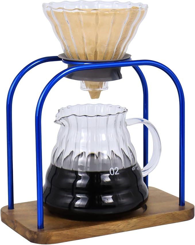 SOTECH Pour on coffee drips filter Wooden stand Glass sharing pot with paper filter coffee tea and saffron set (blove)