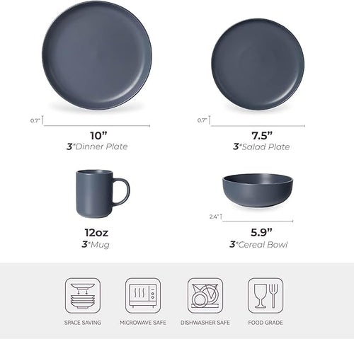 12-Piece Stoneware Dinnerware Set with Mugs | Microwave and Dishwasher Friendly | Stackable Matte Glaze Plates &amp Bowls | Service for 3 (Blue for 3)