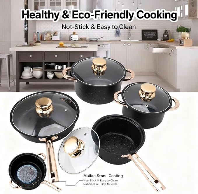Cookware Set Stainless Steel with Maifan Stone Nonstick Coating 4 - Piece Pots and Pans with Glass Lids - Eco - Friendly Cooking Even Heat Distribution Ideal for Every