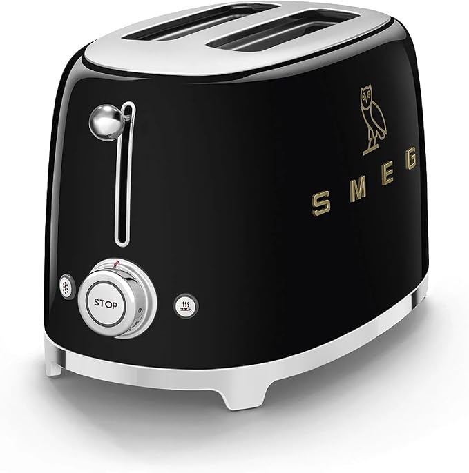 Smeg 2-Slice Toaster Stainless Steel OVO Collection Two Slice Toaster with 6 Presets and Removable Crumb Tray (Glossy Black)