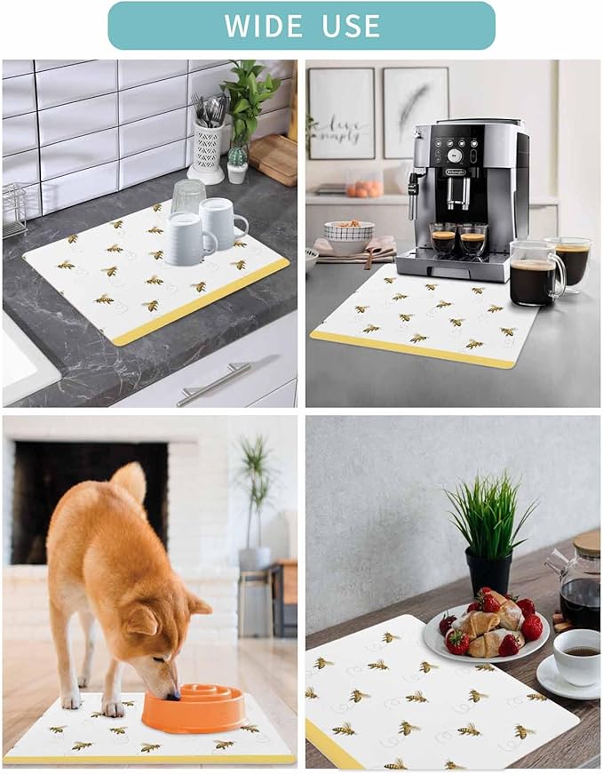 Coffee Mat for Counter Spring Bees Pattern Yellow Stripes Absorbent Hide Stain Coffee Bar Mat Non-slip Coffee Bar Accessories Kitchen Drying Mat Fit Under Coffee Maker Espresso Machine