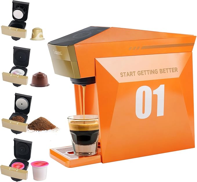 4 In 1 Single Server Coffee Maker Mini Coffee Machine for Nespresso Original/K cups/Dolce Gusto Original/Ground Coffee 19 Bar Espresso Machine Fit for Home Office Orange