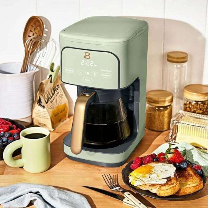 Bea~utiful 12-Cup Programmable Coffee Maker with Touch-Activated Display Auto Brew Timer Reusable Filter &amp Large Glass Carafe (Sage Green)