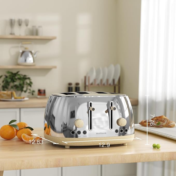 Toaster 4 SliceRetro Stainless Steel Toaster with Extra Wide Slots Dual Independent Control Panel Cancel Bagel Defrost Function Removable Crumb Tray (Silver)