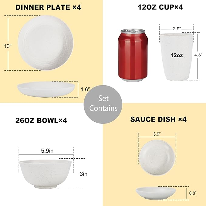 Premium Wheat Straw Dinnerware Sets for 4 Microwave Safe Plates and Bowls Sets 16-PieceUnbreakable and Lightweight Dinner Plates for KitchenPicnic and PartyPlates SetCups Set(White)