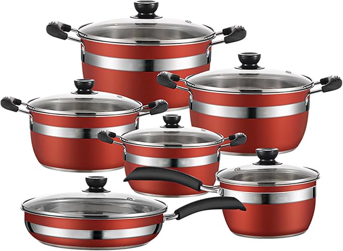 12 Piece Stainless Steel Cookware Set Kitchen Aid Non Toxic with Bakelite Handle and Visual Lid Cooking Pots and Pans Set Induction Compatible Includes Stockpot Milk Pot Fry Pans