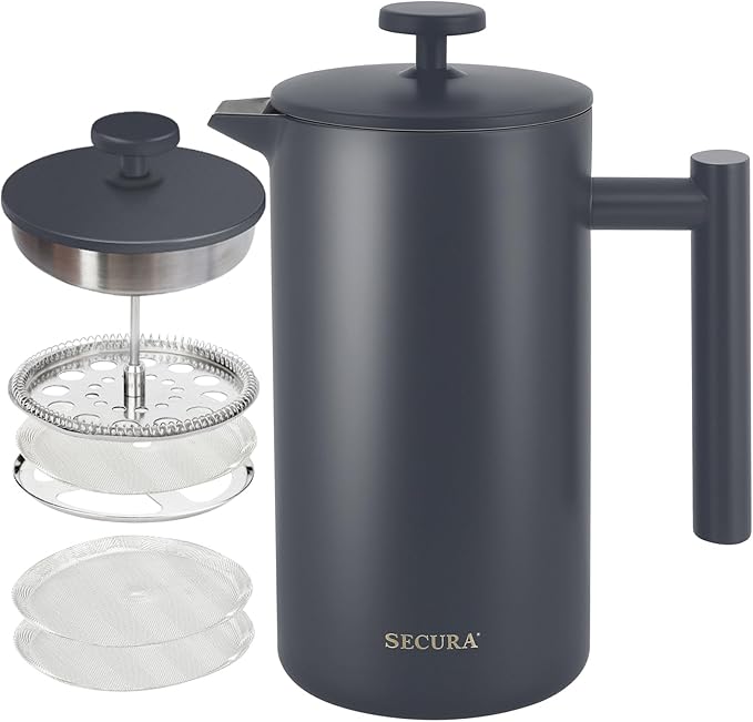 Secura French Press Coffee Maker 304 Grade Stainless Steel Insulated Coffee Press with 2 Extra Screens 34oz (1 Litre) Grey