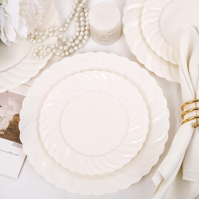 U-QE 100 Piece Ivory Scalloped Plastic Plates for Party - Plastic Plates Disposable Heavy Duty - High End Disposable Plates for Wedding Including 50PCS 9 '' Dinner Plates &amp 50PCS 6.5 '' Dessert Pl