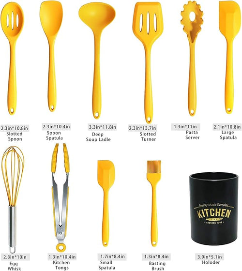 11Pcs Silicone Cooking Utensils Set - Heat Resistant Kitchen Tools Spatula Turner Tongs Spoon Whisk BPA Free Dishwasher Safe Nonstick Cookware Utensils (Yellow)