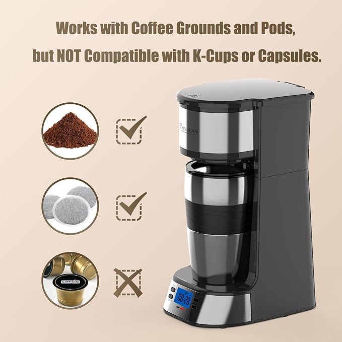 RAINBEAN Single Serve Coffee Maker Programable Single-Serve Brewers Timer Auto Start/Off 14 Oz Single Cup Coffee Machine For Ground Coffee 700W Quick Brewing Perfect Gifts for Coffee Lovers