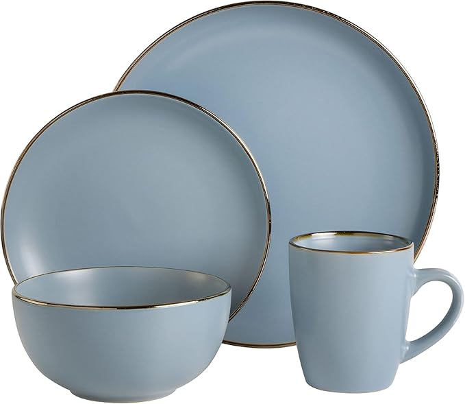 Rockaway 16 Piece Stoneware Dinnerware Set with Metallic Rim – Matte Blue Plates Bowls &amp Mugs Microwave &amp Dishwasher Safe